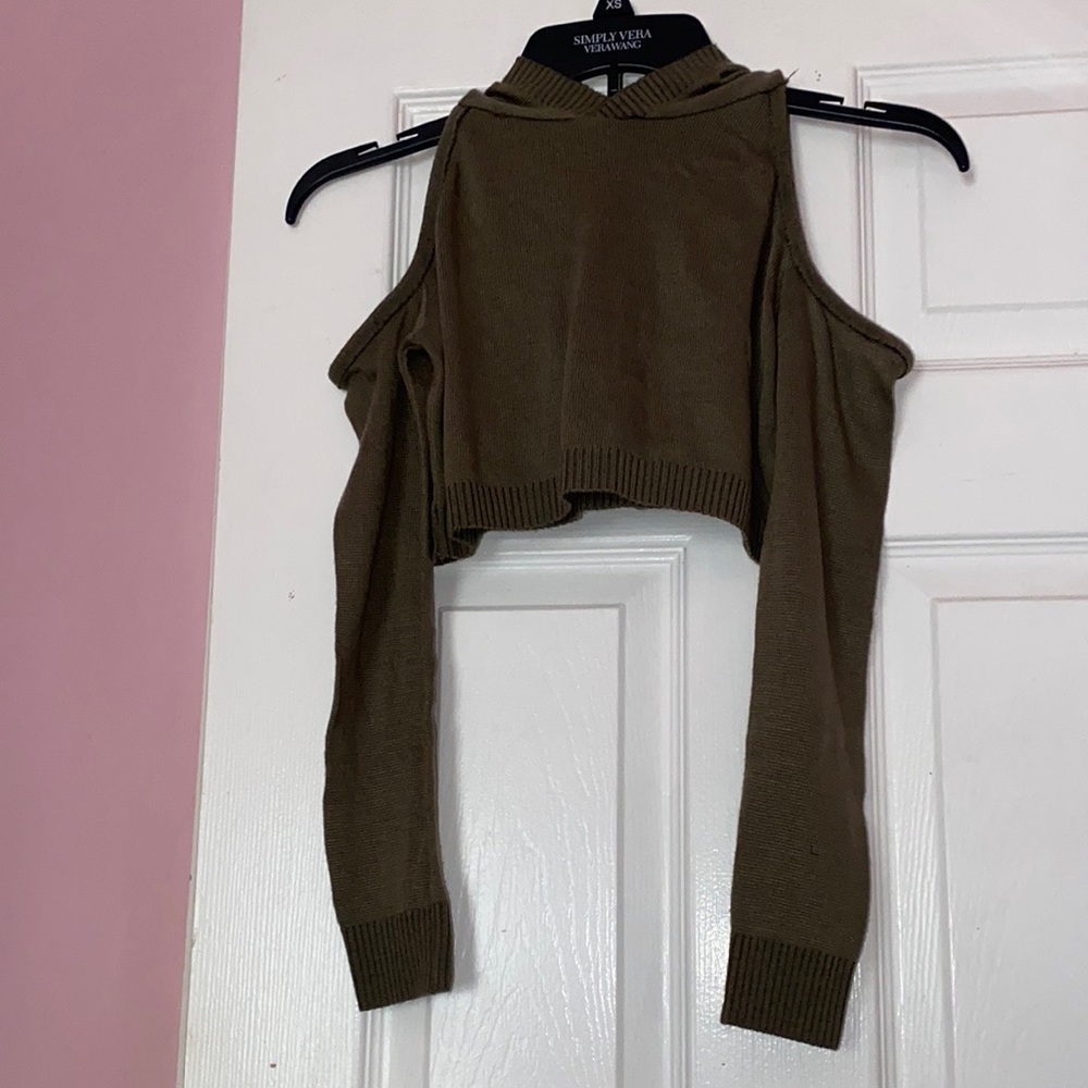 Hunter green Cold Shoulder Crop Top with hoodie